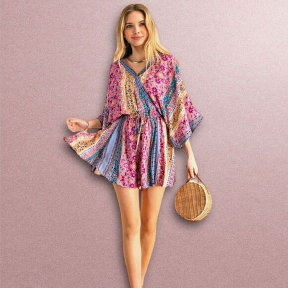 Cute in Calico Multicolor Kimono Sleeve Romper - Picture 9 of 9